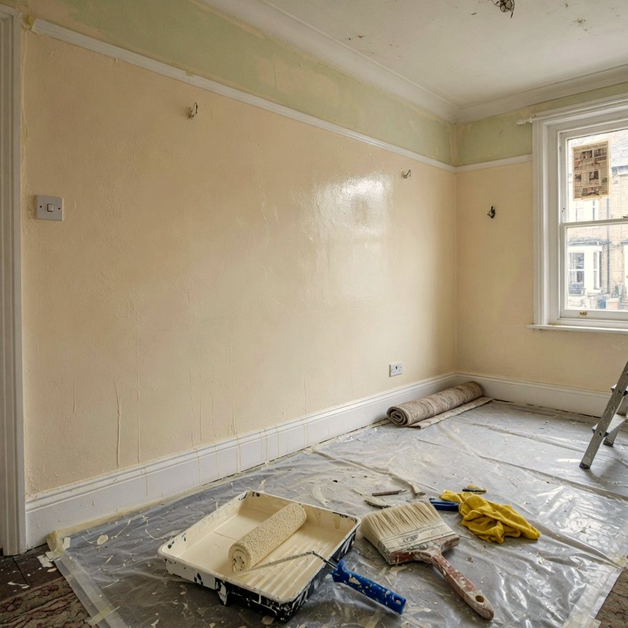 Interior room with wet cream emulsion, roller tray and brush on dust sheets