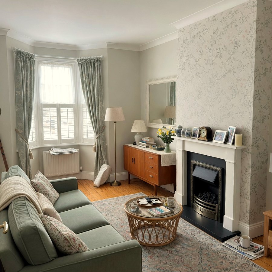 Decorated sitting room with painted walls and wallpapered chimney breast